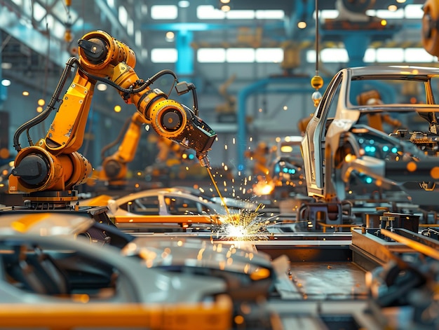 Roboterhände montieren Autos in einer modernen Fabrik b