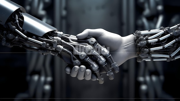 Roboterhändedruck menschlicher Hintergrund futuristisches digitales Zeitalter