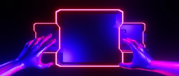 Roboterhand abstrakter Hintergrund Videospiel von Esports Scifi-Spielen Cyberpunk vr Virtual-Reality-Simulation und Metaverse-Szene stehen auf Podestbühne 3D-Illustration, die futuristisches Neonlicht wiedergibt