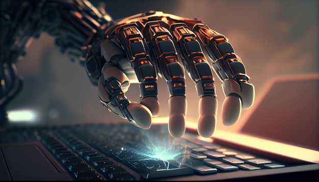 Roboterhand auf einer Laptoptastatur Generative KI