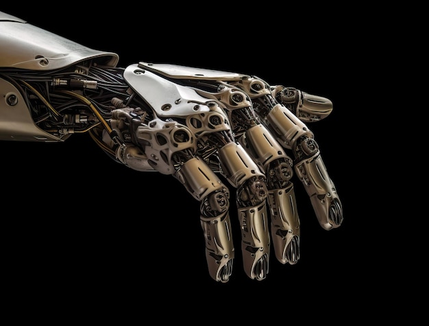 Roboterhand aus Metall isoliert auf schwarzem Hintergrund Generative KI-Illustration