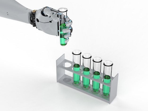 Roboterhand der Wiedergabe 3d, die Reagenzglas mit grüner Flüssigkeit hält