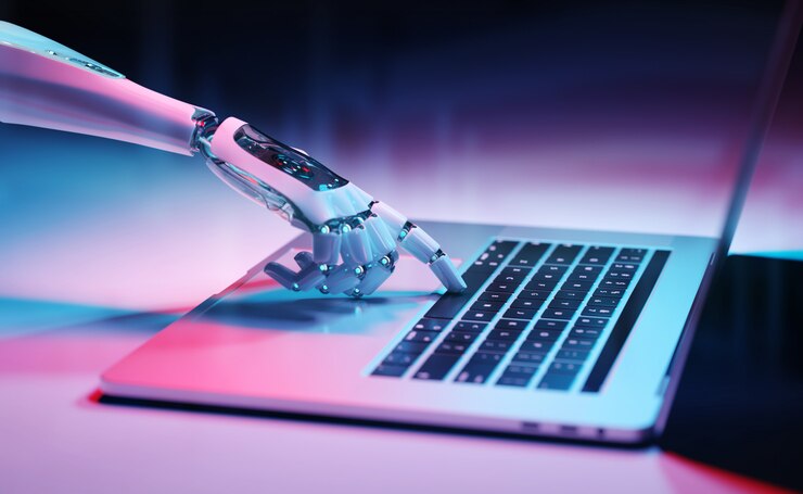 Foto roboterhand drückt eine tastatur auf einem laptop 3d-rendering