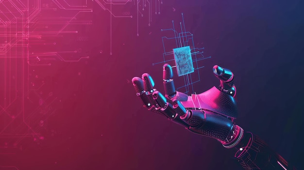 Roboterhand hält eine Leiterplatte im Neonlicht