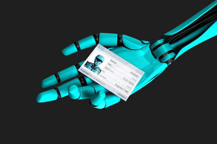 Roboterhand hält einen Pass mit seinem Foto und seiner Identifikationsnummer. 3D-Illustration