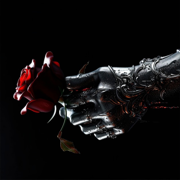 Roboterhand hält Rose in den Fingern. Roboterhand hält eine schöne Blume. Generative KI