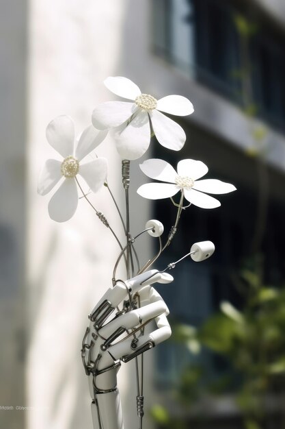 Roboterhand hält weiße Blumen. Schönes Illustrationsbild. Generative KI
