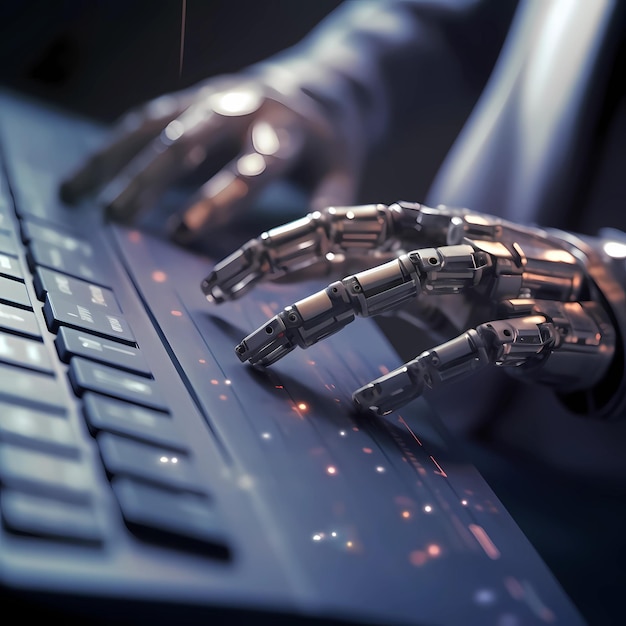 Roboterhand tippt auf der Tastatur das Verschwinden menschlicher Arbeit in der zukünftigen Technologiekreation