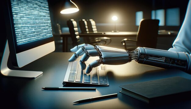 Roboterhand tippt auf Tastatur mit Bildschirm