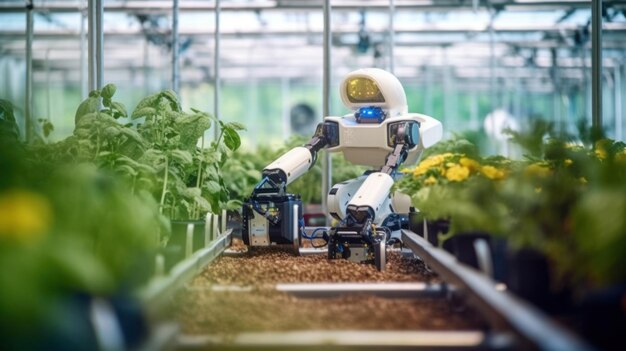 Roboterinnovation und Überwachung hinter dem Monitor in der generativen KI des Plantagensektors