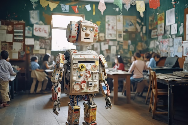 Roboterlehrer unterrichtet eine Lektion in der KI der Schule