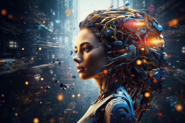 Robotermädchen mit künstlicher Intelligenz und dem Gesicht eines schönen Mädchens