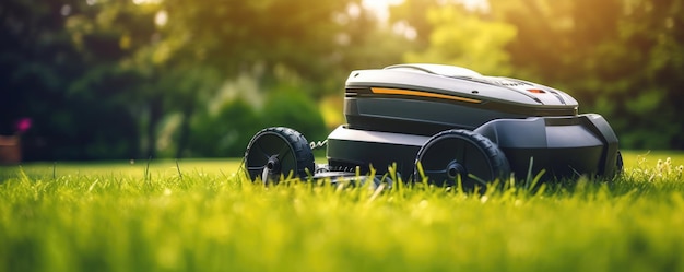 Roboterrasenmäher auf grünem Gras im Dorfgartenpanorama Generative KI