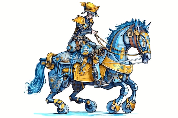 Foto roboterritter reitet auf einem mechanischen pferd. ki-generierte illustration