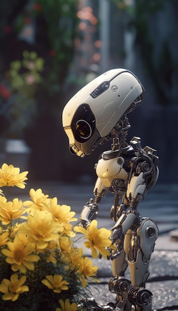 Roboterwelpe schnüffelt an Blumen