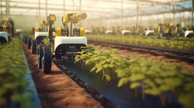 Foto robótica agrícola e trator de veículo autônomo operando em tecnologia futurista de fazenda inteligente