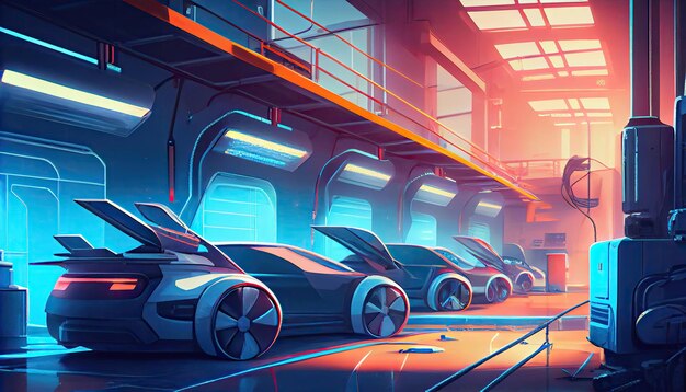 Robótica automatizada línea de producción de fábrica de automóviles eléctricos futuristas Generar Ai