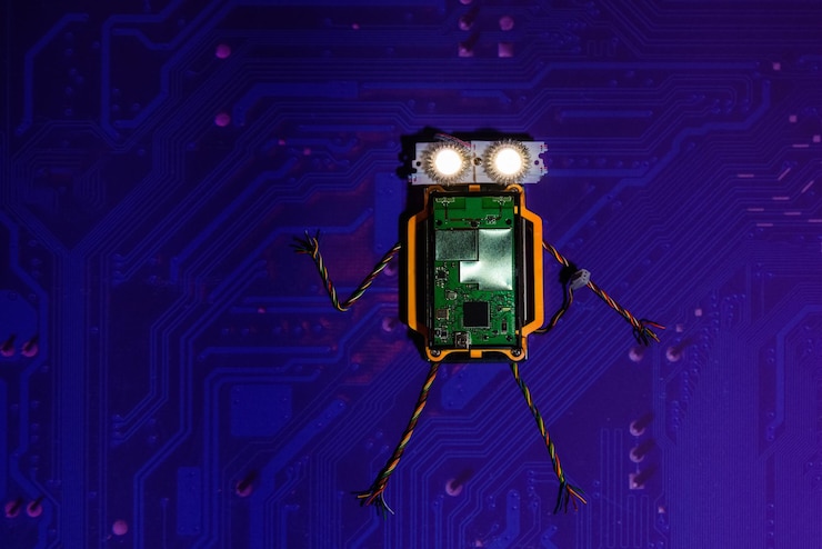 Foto robótica y electrónica borrosos chips oscuros plataforma arduino robótica diy educación stem para niños