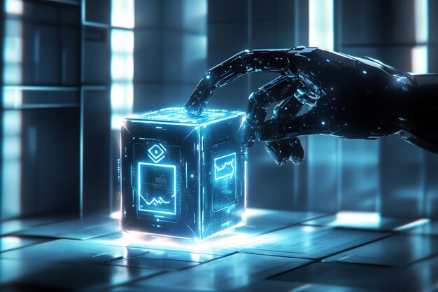 Robótica futurista y interfaz de IA Mano robótica avanzada que opera un panel de control digital