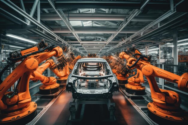 Robotik in der modernen Automobilfabrik in der Fahrzeugproduktion