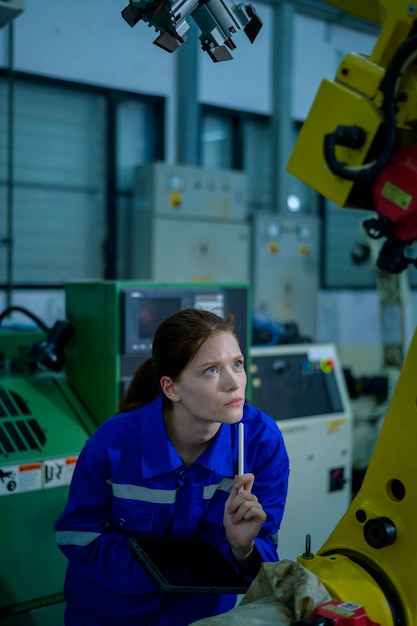 Robotik-Ingenieurin arbeitet mit Programmierung und Manipulation von Roboterhand