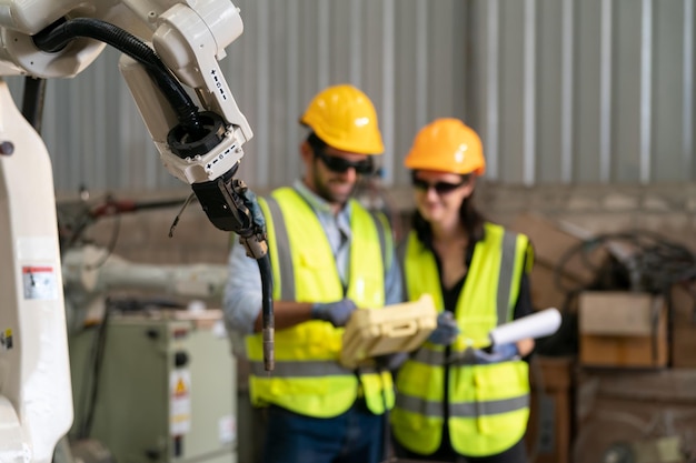 Robotikingenieur, der an der Wartung des modernen Roboterarms im Werkslager arbeitet