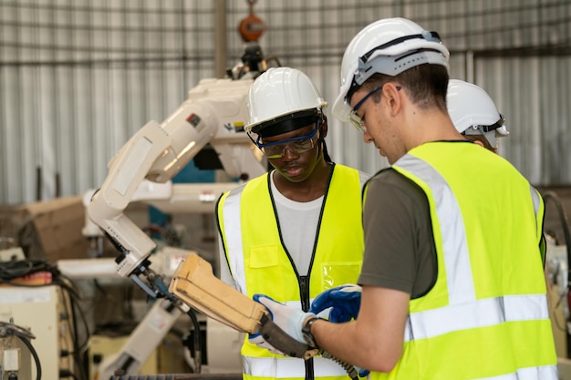 Robotikingenieur, der an der Wartung des modernen Roboterarms im Werkslager arbeitet