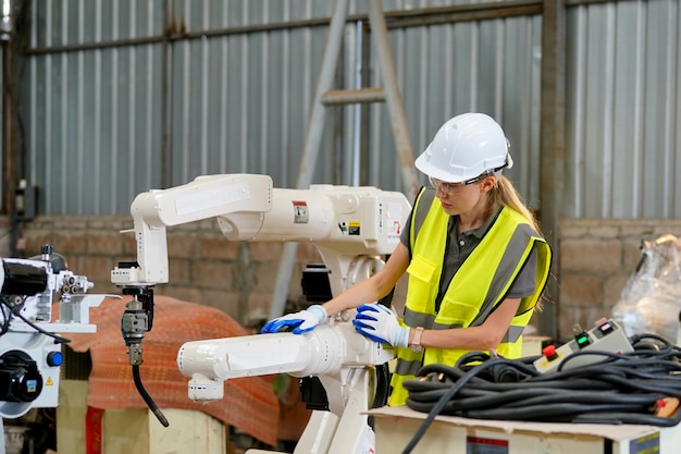 Robotikingenieur, der an der Wartung des modernen Roboterarms im Werkslager arbeitet