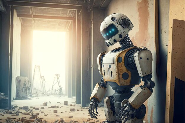 Robotischer Android-Roboter hilft beim Bau unter Bauherren in Innenräumen mit generativer KI