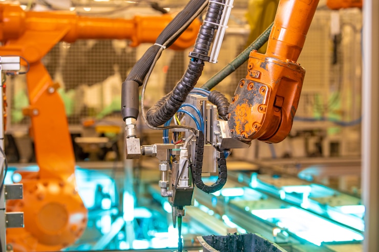 Foto robotização da indústria moderna na fábrica. novo setor de programas 4.0