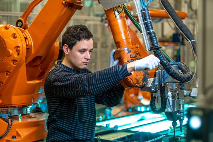 Foto robotización de la industria moderna en la fábrica. introducción de nuevos brazos robóticos para reemplazar los recursos humanos.