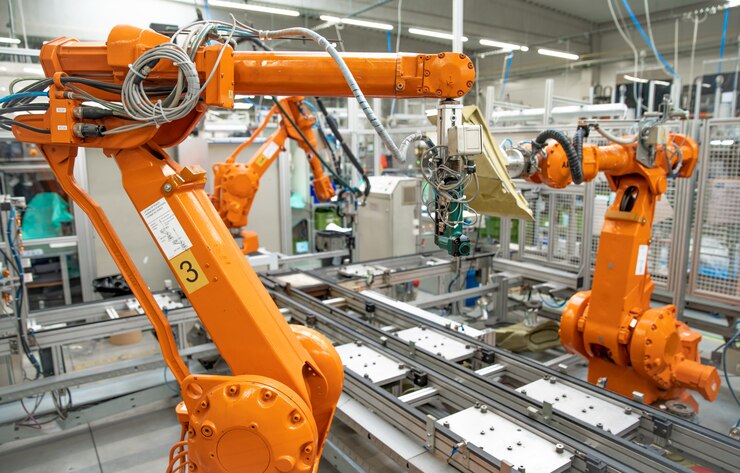 Foto robotización de la industria moderna en la fábrica. nuevo programa industria 4.0