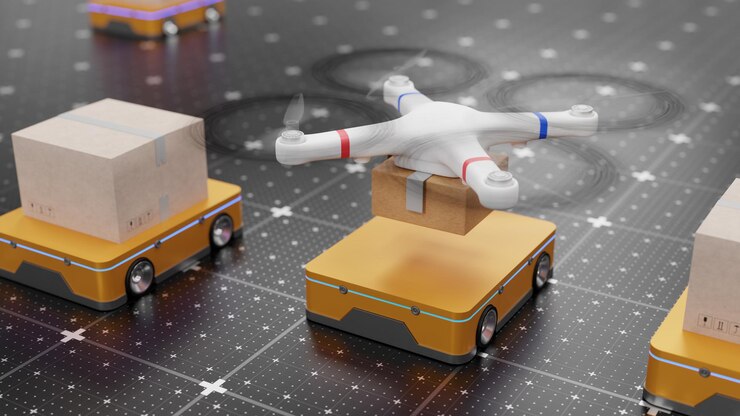 Foto robots agv uavs entregando cajas de cartón a un centro de logística de distribución tecnologías