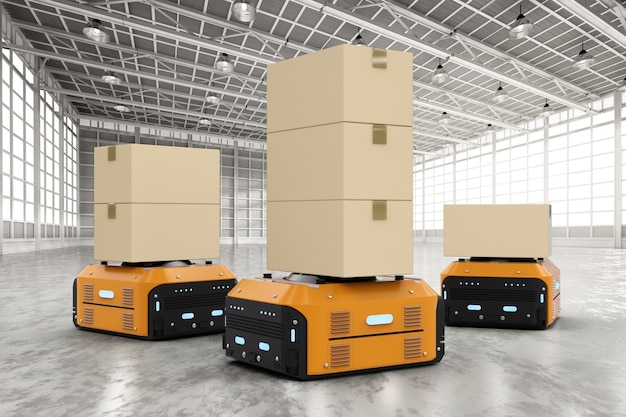 Los robots de almacén de renderizado 3D llevan cajas en la fábrica.