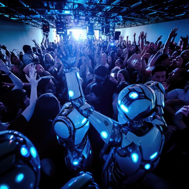 Foto robots androides y humanos prosperando en el baile en una fiesta futurista