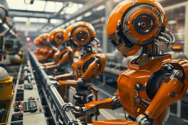 Robots antiguos que trabajan en un factor generativo retrofuturista