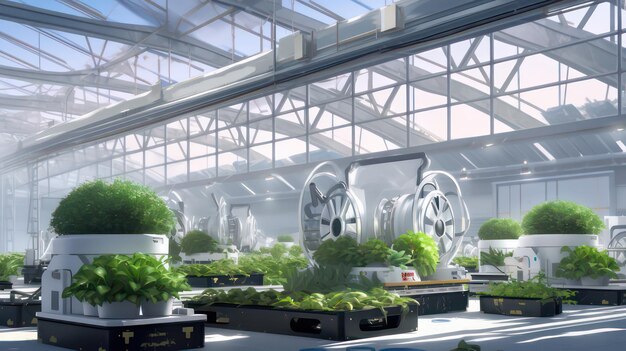 Robots automatizados de maestría en invernaderos que cultivan plantas con precisión científica