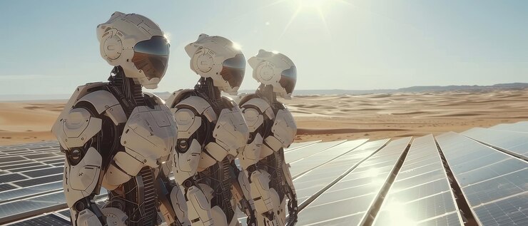 Robots avanzados que supervisan una gran variedad de paneles solares en un entorno desértico bajo