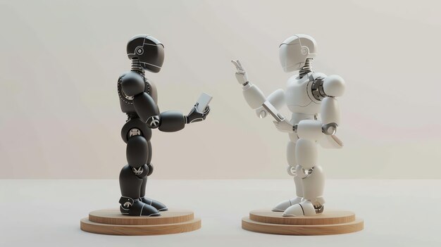 Robots blancos y negros frente a frente uno sosteniendo una tableta