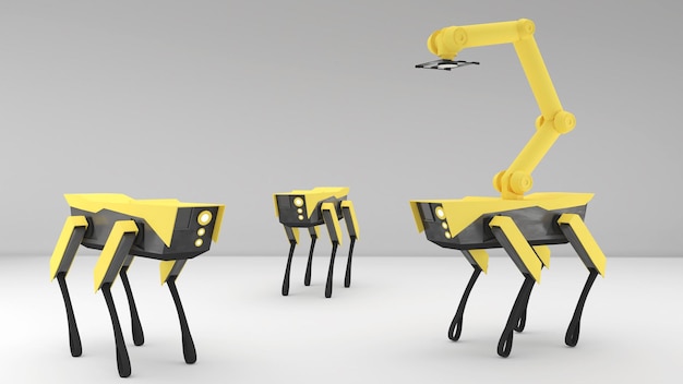 Robots y brazos robóticos para gestionar operaciones y controles de carga en renderizado 3d de fondo blanco aislado