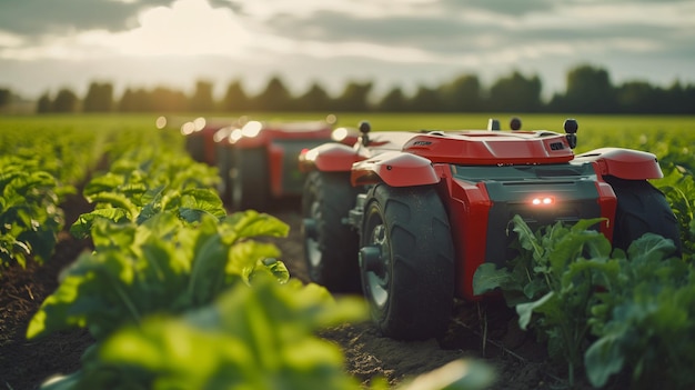 Robots cosechando cultivos en un campo que destaca la integración de la robótica en la agricultura