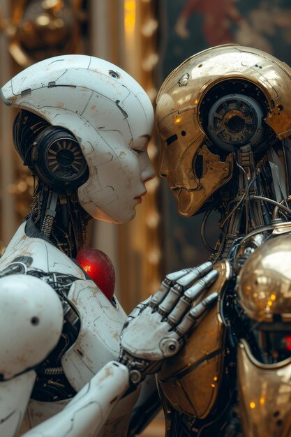 Robots enamorados Una pareja de cyborgs se enfrentan y tienen un corazón en sus manos