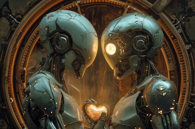 Robots enamorados Una pareja de cyborgs se enfrentan y tienen un corazón en sus manos