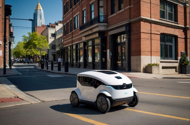 Robots de entrega autónomos en la acera de la ciudad