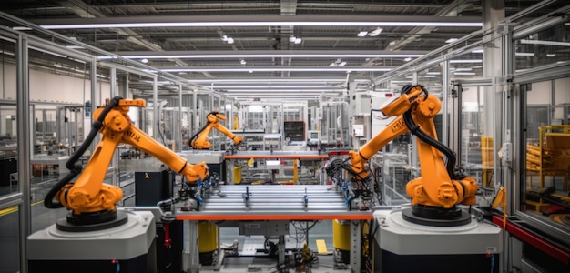 Robots en una fábrica con un fondo blanco.