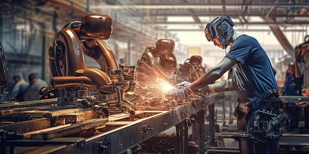 robots en la fábrica durante la soldadura de alambre de acero para producir robots en el estilo de amarillo claro