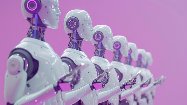 Robots futuristas sosteniendo una tableta en un fondo púrpura claro imagen generada por IA
