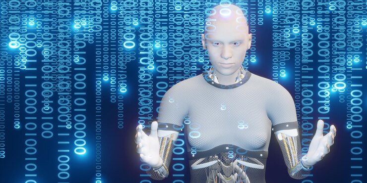 Foto robots humanoides y código binario ai análisis de big data y conceptos de inteligencia artificial 3d