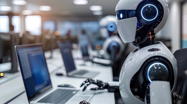 Robots humanoides que usan un teclado de computadora Centro de llamadas con los mismos asistentes robóticos