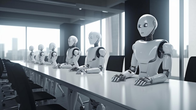 Robots humanoides y trabajadores asisten a una reunión de negocios GENERAR IA